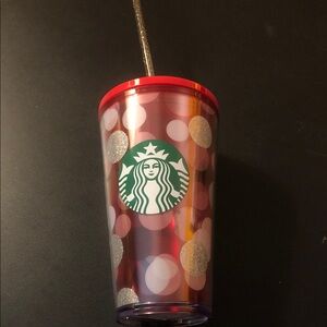 Starbucks Red Translucent Cup with Pink and Silver Dots